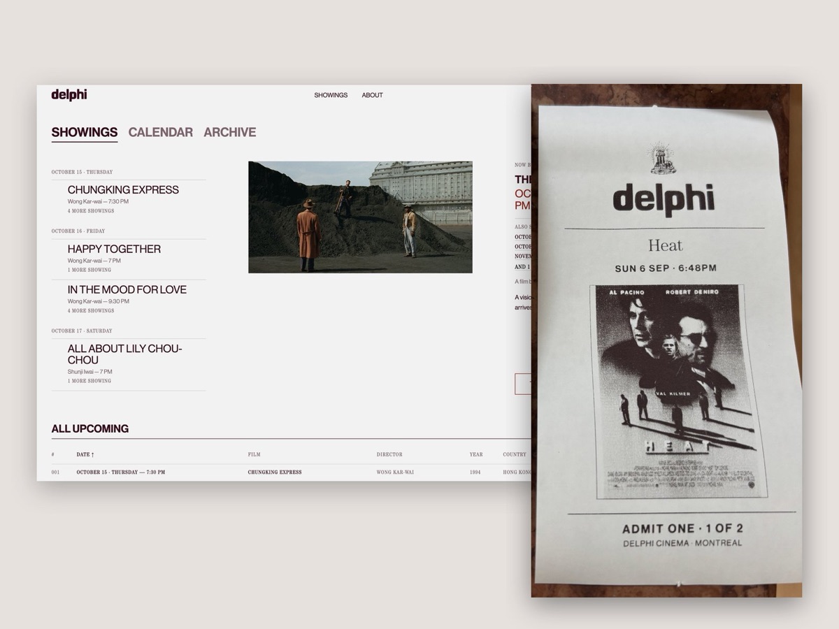The Delphi Cinema website next to a printed ticket